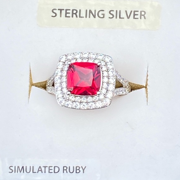 Simulated Ruby ring .925 Sterling Silver 10 mm Ruby surrounded 2 layers CZ sz 7 - Picture 11 of 16